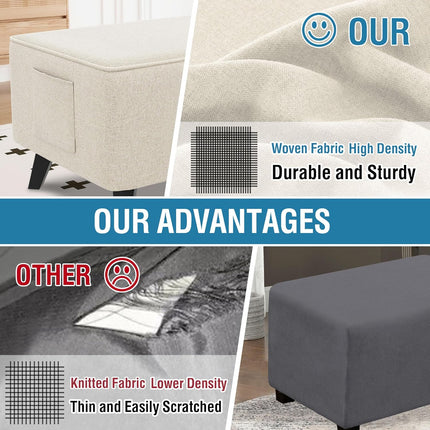 Thick Durable Linen Look Ottoman Cover Folding Storage Stool Furniture Protector Soft Rectangle Slipcover with Elastic Bottom Fit Length 43"-44" Footrest Washable - Heather Ivory Rectangle:X-large.