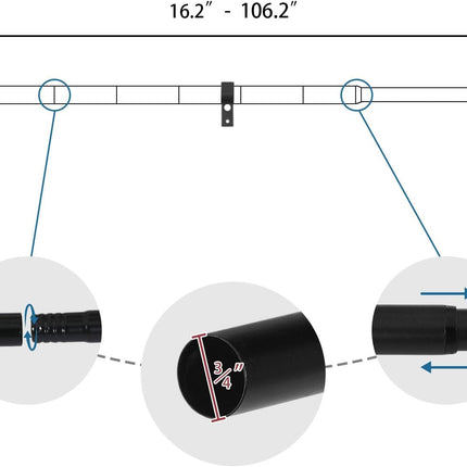 Wrap Around Curtain Rods for Windows 16.2 to 106.2 Inch, 3/4 Inch Diameter Industrial Telescoping Rod, Splicing Adjustable Indoor/Outdoor, Black 16.2"-106.2".