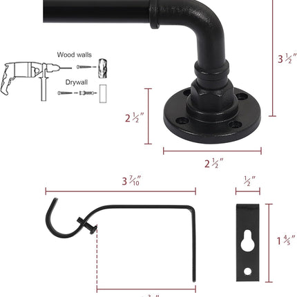 Wrap Around Curtain Rods for Windows 16.2 to 106.2 Inch, 3/4 Inch Diameter Industrial Telescoping Rod, Splicing Adjustable Indoor/Outdoor, Black 16.2"-106.2".