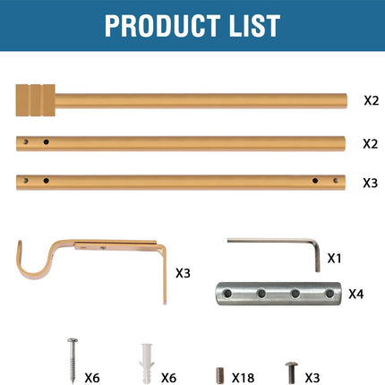 Curtain Rods for Windows 48 to 86 Inches Heavy Duty Single Splicing with Brackets 3/4 inch Diameter Adjustable Telescoping Rod Set Square Finials, Brass 48"-86".