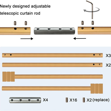 Curtain Rods for Windows 48 to 86 Inches Heavy Duty Single Splicing with Brackets 3/4 inch Diameter Adjustable Telescoping Rod Set Square Finials, Brass 48"-86".