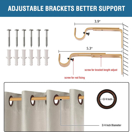 Curtain Rods for Windows 48 to 86 Inches Heavy Duty Single Splicing with Brackets 3/4 inch Diameter Adjustable Telescoping Rod Set Square Finials, Brass 48"-86".