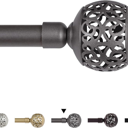 Window Treatment Single Curtain Rod Set Telescoping with Carved Hollow Ball Finials, Adjustable Length from 28 to 48-Inch, 3/4 Inch Diameter, Pewter 28"-48".