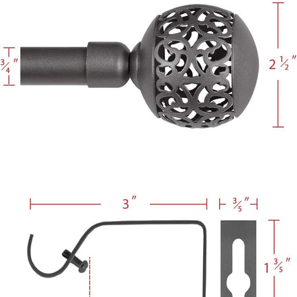 Window Treatment Single Curtain Rod Set Telescoping with Carved Hollow Ball Finials, Adjustable Length from 28 to 48-Inch, 3/4 Inch Diameter, Pewter 28"-48".