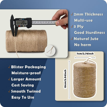 PerkHomy Natural Jute Twine 600 Feet Long String for Crafts Gift Wrapping Packing Gardening Crochet Knitting Macrame Decor (Brown 2mm * 600feet) (1/12 In) (182M).
