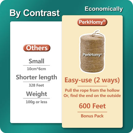 PerkHomy Natural Jute Twine 600 Feet Long String for Crafts Gift Wrapping Packing Gardening Crochet Knitting Macrame Decor (Brown 2mm * 600feet) (1/12 In) (182M).