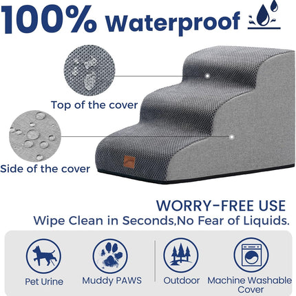 Ramp Dog Stairs for Couch Sofa and Chair 15.7" H, 3-Step Pet Steps Small Dogs Cats, Non-Slip Waterproof Fabric Cover, Stable Balanced Indoor Step, Pets Friendly, Grey (22.4"D x 15.7"W 15.7"H).