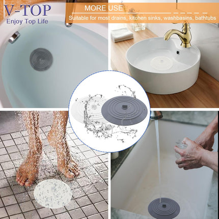 Bathtub Drain Stopper 2 Pack, 5 inches Silicone Tub Shower Cover, Bath Plug Hair Stopper,Universal Flat Suction Renter Friendly Accessories (White&Grey, inch) White&grey -.