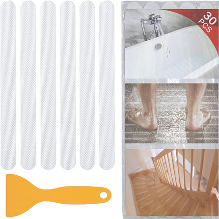 30 PCS Non Slip Shower Stickers, Safety Adhesive Strips Treads for Bathroom Floor Tub Stairs Ladders Pools Boats, Bathtub Appliques Adults & Kids with Scraper (Clear) Clear -.