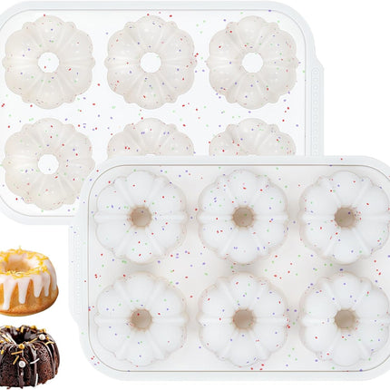 Mini Fluted Tube Pan with Metal Reinforced Frame, 6-Cavity Silicone Nonstick Small Cake Molds 2Pcs for Chocoflan, Donuts, Cornbread, Brownies, Jellies BPA Free - Mini-3“: 2pcs.