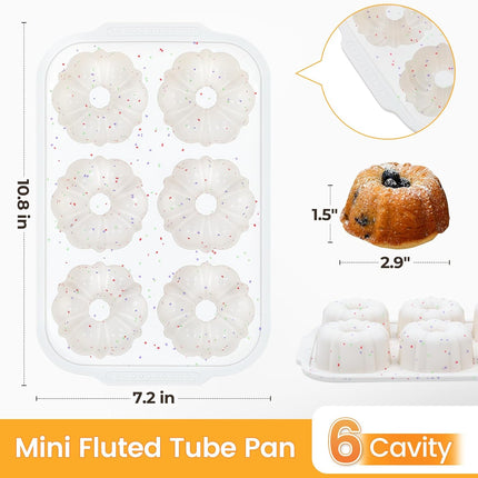 Mini Fluted Tube Pan with Metal Reinforced Frame, 6-Cavity Silicone Nonstick Small Cake Molds 2Pcs for Chocoflan, Donuts, Cornbread, Brownies, Jellies BPA Free - Mini-3“: 2pcs.