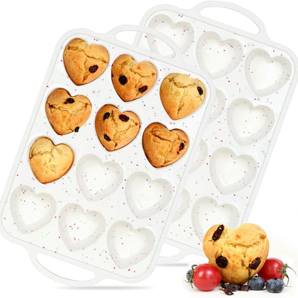 Heart Shaped Silicone Muffin Pan, Metal Reinforced Frame 12 Cups Molds for Valentine's Day Baking Muffins, Cupcakes, Tartlets, Egg Bites, Chocolate Muffin, Soaps 2 Pack Creamy: Confetti -.
