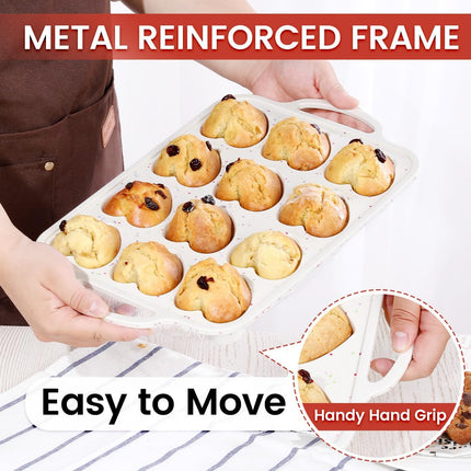 Heart Shaped Silicone Muffin Pan, Metal Reinforced Frame 12 Cups Molds for Valentine's Day Baking Muffins, Cupcakes, Tartlets, Egg Bites, Chocolate Muffin, Soaps 2 Pack Creamy: Confetti -.