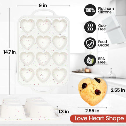 Heart Shaped Silicone Muffin Pan, Metal Reinforced Frame 12 Cups Molds for Valentine's Day Baking Muffins, Cupcakes, Tartlets, Egg Bites, Chocolate Muffin, Soaps 2 Pack Creamy: Confetti -.