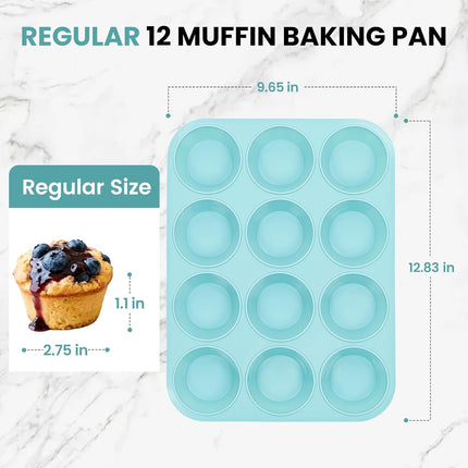 Silicone Muffin Pan, Regular Size 12 Cups Non Stick Cupcake Pan for Baking, Light Blue -.