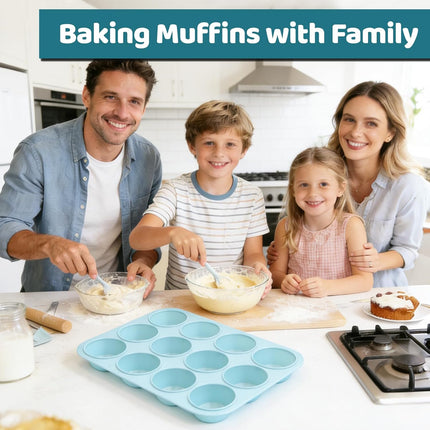 Silicone Muffin Pan, Regular Size 12 Cups Non Stick Cupcake Pan for Baking, Light Blue -.