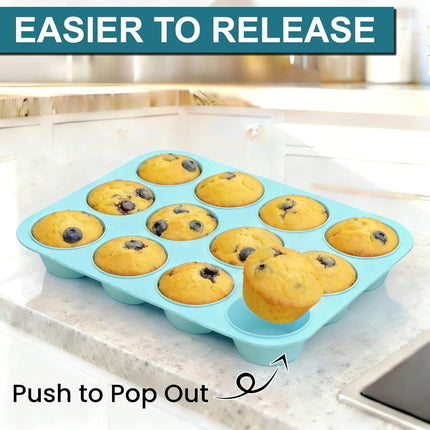 Silicone Muffin Pan, Regular Size 12 Cups Non Stick Cupcake Pan for Baking, Light Blue -.