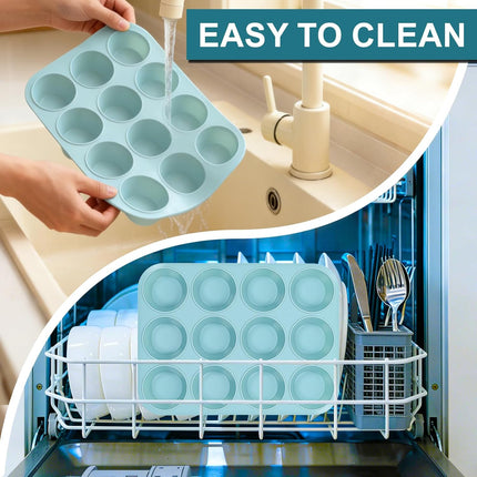Silicone Muffin Pan, Regular Size 12 Cups Non Stick Cupcake Pan for Baking, Light Blue -.