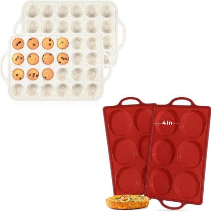 Metal Reinforced Frame Silicone Cupcake Pans-24 Cups 2Pcs & 4 Inch Round Egg Baking Pan -.