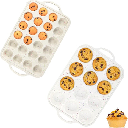 Mini Cupcake Pans & Regular Size Pan with Handle 12 Cups, Metal Reinforced Frame Silicone Muffin Nonstick 24 Cups Easy to -.