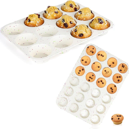 Silicone Muffin Pan, Regular & Mini Size Pan for Baking 12 Cups 24 Non Stick Cupcake Confetti -.