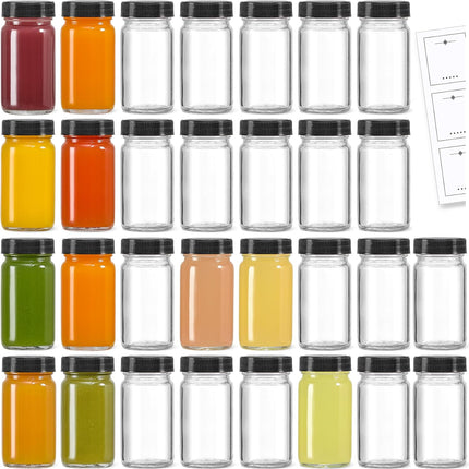 30 Pack 2 oz Glass Shot Bottles w/ Black Lids & Labels - Small Clear Jar for Ginger, Wellness Shot, Juice, Sample, Whiskey Travel Essentials Mini Wide Mouth, Leakproof, Dishwasher Safe Lid.