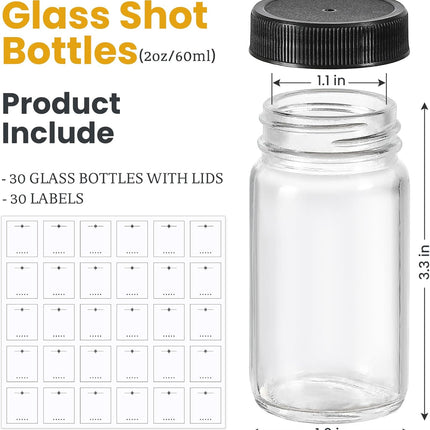 30 Pack 2 oz Glass Shot Bottles w/ Black Lids & Labels - Small Clear Jar for Ginger, Wellness Shot, Juice, Sample, Whiskey Travel Essentials Mini Wide Mouth, Leakproof, Dishwasher Safe Lid.