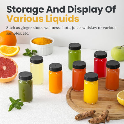 30 Pack 2 oz Glass Shot Bottles w/ Black Lids & Labels - Small Clear Jar for Ginger, Wellness Shot, Juice, Sample, Whiskey Travel Essentials Mini Wide Mouth, Leakproof, Dishwasher Safe Lid.
