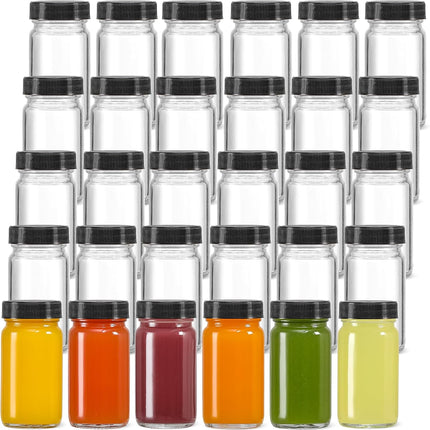 30 Pack 2 oz Glass Shot Bottles w/ Black Lids & Labels - Small Clear Jar for Ginger, Wellness Shot, Juice, Sample, Whiskey Travel Essentials Mini Wide Mouth, Leakproof, Dishwasher Safe Lid.