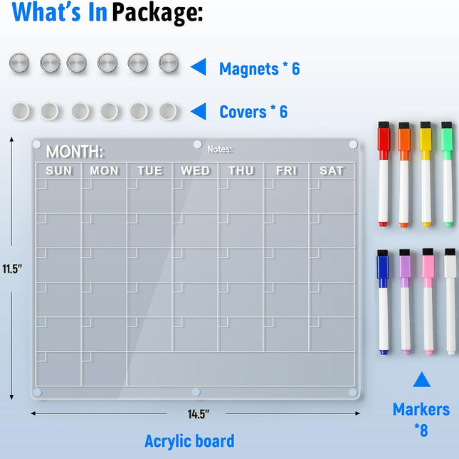 Acrylic Fridge Calendar, Magnetic Monthly Planner with 8 Color Markers, Clear Dry Erase Board for Events/Meetings/Shopping Lists - 14.5 * 11.5''.