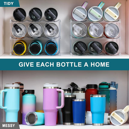 LARGER Compartment - Stackable Water Bottle Organizer Holder for Stanley & Others' Large Tumbler Clear Wine Rack, Cup Cabinet Home Countertop Fridge Pantry Shelf, 3 Tier Hold 9.