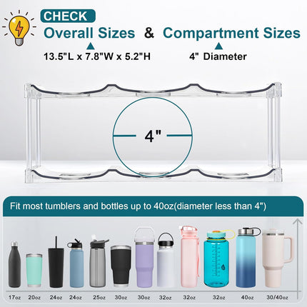 LARGER Compartment - Stackable Water Bottle Organizer Holder for Stanley & Others' Large Tumbler Clear Wine Rack, Cup Cabinet Home Countertop Fridge Pantry Shelf, 3 Tier Hold 9.