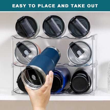 LARGER Compartment - Stackable Water Bottle Organizer Holder for Stanley & Others' Large Tumbler Clear Wine Rack, Cup Cabinet Home Countertop Fridge Pantry Shelf, 3 Tier Hold 9.