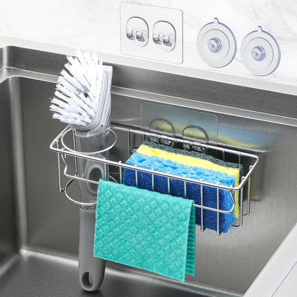 3-In-1 Sponge Holder for Kitchen Sink with Suction Cups & Adhesive Hook , In-sink Holder, Wall Hanging Caddy Organizer Rack - Sponge, Dish Cloth, Brush, Scrubber 304 Stainless Steel Silver 3-in-1.