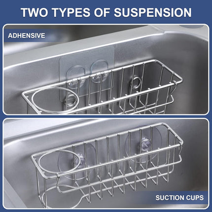 3-In-1 Sponge Holder for Kitchen Sink with Suction Cups & Adhesive Hook , In-sink Holder, Wall Hanging Caddy Organizer Rack - Sponge, Dish Cloth, Brush, Scrubber 304 Stainless Steel Silver 3-in-1.
