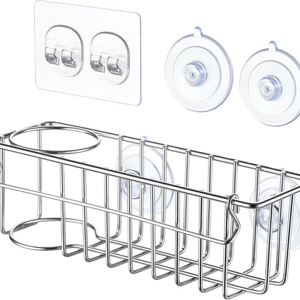 3-In-1 Sponge Holder for Kitchen Sink with Suction Cups & Adhesive Hook , In-sink Holder, Wall Hanging Caddy Organizer Rack - Sponge, Dish Cloth, Brush, Scrubber 304 Stainless Steel Silver 3-in-1.