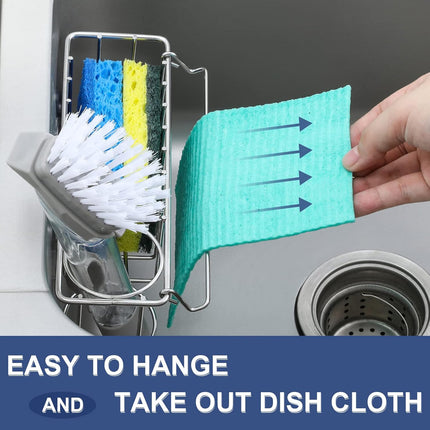 3-In-1 Sponge Holder for Kitchen Sink with Suction Cups & Adhesive Hook , In-sink Holder, Wall Hanging Caddy Organizer Rack - Sponge, Dish Cloth, Brush, Scrubber 304 Stainless Steel Silver 3-in-1.