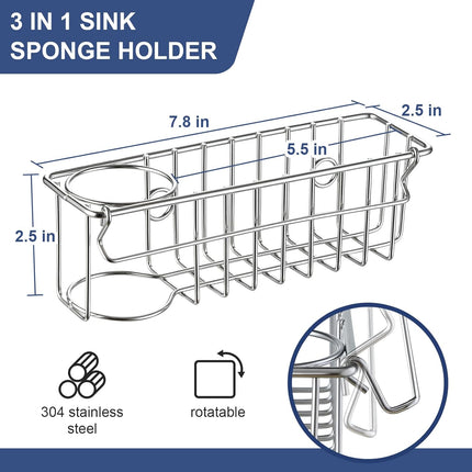 3-In-1 Sponge Holder for Kitchen Sink with Suction Cups & Adhesive Hook , In-sink Holder, Wall Hanging Caddy Organizer Rack - Sponge, Dish Cloth, Brush, Scrubber 304 Stainless Steel Silver 3-in-1.