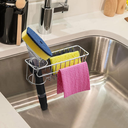 3-In-1 Sponge Holder for Kitchen Sink with Suction Cups & Adhesive Hook , In-sink Holder, Wall Hanging Caddy Organizer Rack - Sponge, Dish Cloth, Brush, Scrubber 304 Stainless Steel Silver 3-in-1.