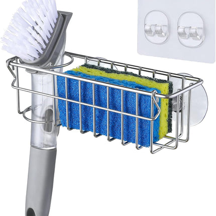 3-In-1 Sponge Holder for Kitchen Sink with Suction Cups & Adhesive Hook , In-sink Holder, Wall Hanging Caddy Organizer Rack - Sponge, Dish Cloth, Brush, Scrubber 304 Stainless Steel Silver 3-in-1.