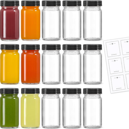 15 Pack 2 oz Glass Shot Mini Bottles w/Black Lids & Labels - Small Clear Jar for Ginger, Wellness Shot, Juice, Sample, Whiskey Travel Essentials Wide Mouth, Leakproof, Dishwasher Safe Black 2oz-15.