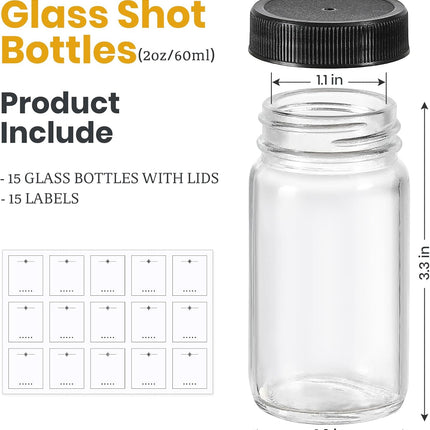 15 Pack 2 oz Glass Shot Mini Bottles w/Black Lids & Labels - Small Clear Jar for Ginger, Wellness Shot, Juice, Sample, Whiskey Travel Essentials Wide Mouth, Leakproof, Dishwasher Safe Black 2oz-15.
