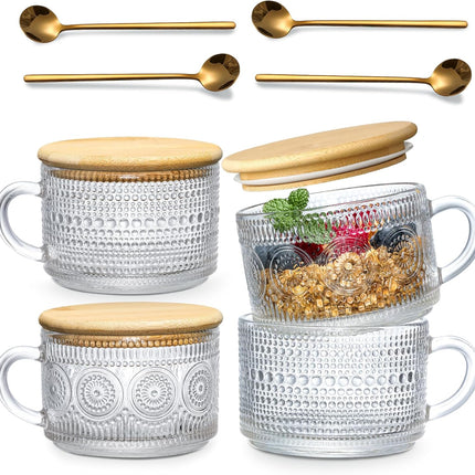 4pcs Set Vintage Coffee Mugs gifts for women, Overnight Oats Containers with Bamboo Lids and Spoons - 14oz Clear Embossed Glass Cups, Cute Bar Accessories, Iced Glasses 4 Pack.