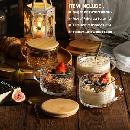 4pcs Set Vintage Coffee Mugs gifts for women, Overnight Oats Containers with Bamboo Lids and Spoons - 14oz Clear Embossed Glass Cups, Cute Bar Accessories, Iced Glasses 4 Pack.