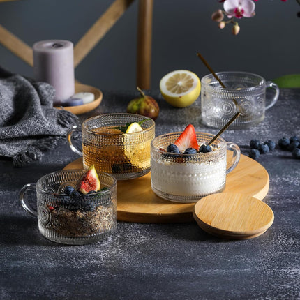 4pcs Set Vintage Coffee Mugs gifts for women, Overnight Oats Containers with Bamboo Lids and Spoons - 14oz Clear Embossed Glass Cups, Cute Bar Accessories, Iced Glasses 4 Pack.