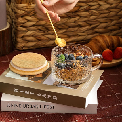 4pcs Set Vintage Coffee Mugs gifts for women, Overnight Oats Containers with Bamboo Lids and Spoons - 14oz Clear Embossed Glass Cups, Cute Bar Accessories, Iced Glasses 4 Pack.