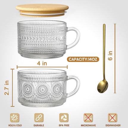 4pcs Set Vintage Coffee Mugs gifts for women, Overnight Oats Containers with Bamboo Lids and Spoons - 14oz Clear Embossed Glass Cups, Cute Bar Accessories, Iced Glasses 4 Pack.
