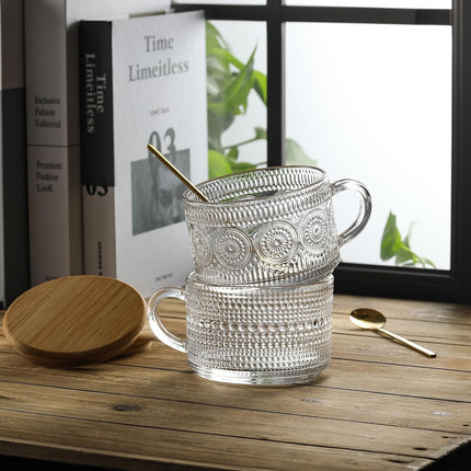 4pcs Set Vintage Coffee Mugs gifts for women, Overnight Oats Containers with Bamboo Lids and Spoons - 14oz Clear Embossed Glass Cups, Cute Bar Accessories, Iced Glasses 4 Pack.