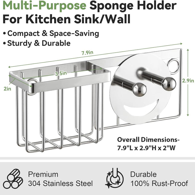 [Slim & Space-saving] Sponge Holder for Kitchen Sink, Caddy Scrub Daddy / Mommy Smiley Face, Sink Organizer Accessories Dish Brush, Scrubber -with 2 Suction Cups 1 Adhesive Hook Silver -.