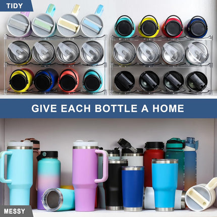 LARGER Compartment - 3 Tier Stackable Water Bottle Organizer Holder for Stanley 40oz & Others' Large Tumbler Clear Wine Rack, 12 Cup Cabinet Home Countertop Fridge Pantry Shelf Hold.